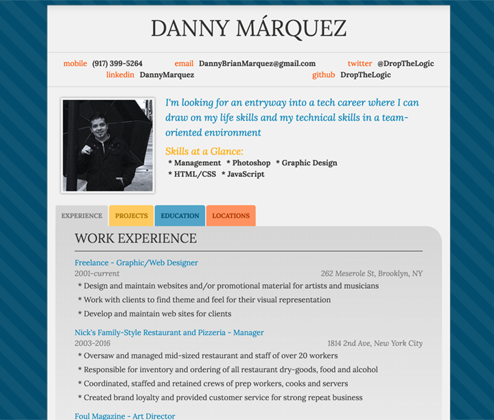 Screenshot of single-page resume website